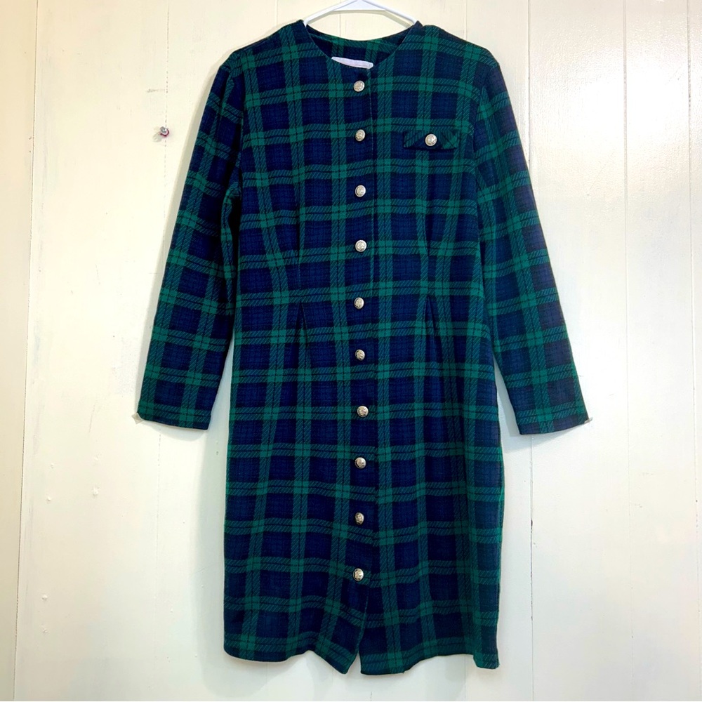 Sweet Miranda Vintage Green Plaid Button Down Midi Dress Size 12.